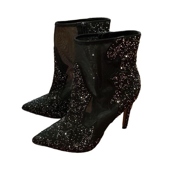 Express Black Sheer Mesh Panels Rhinestone Pointed Toe Stiletto Zip-Up Size 10 - Picture 10 of 15